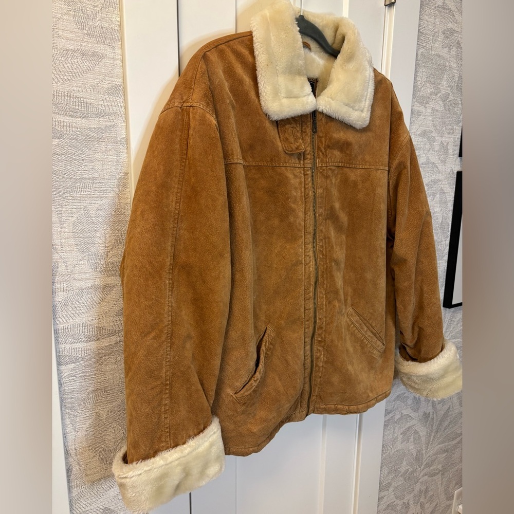 Leather Adult Sz XL Tan Leather Bomber Suede Jacket Coat Faux Fur Trim Boho - Picture 3 of 9